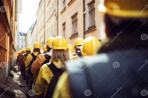 Group Of People In Hard Hats Walking On A Street Ai Generated Stock