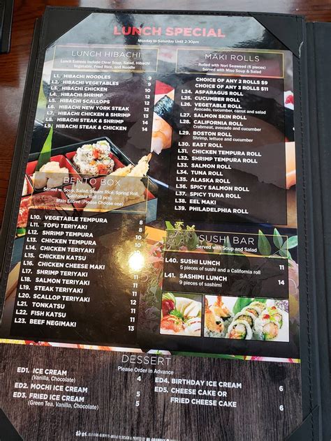 Menu at Fuji Japanese restaurant, Mentor