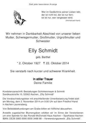 Traueranzeigen Von Elly Schmidt Aachen Gedenkt