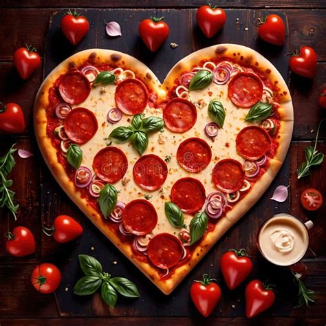 Romantic Heart Shaped Pizza With Pepperoni And Cheese Stock