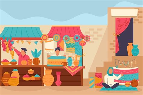 Free Vector Arab Bazaar Selling Quality Carpets