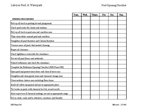 Pool Opening Checklist | PDF