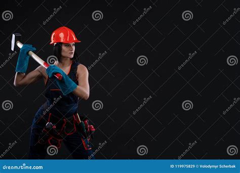 Sex Equality And Feminism Girl In Safety Helmet Holding Hammer Tool Attractive Woman Working