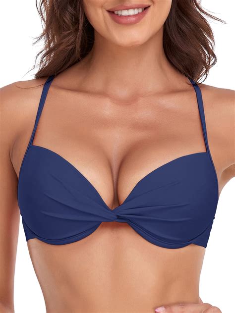 Relleciga Women S Navy Blue Push Up Bikini Top Twist Front Underwire