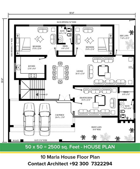 50x50 House Plan 10 Marla Floor Plan 2Bedroom Ground Floor