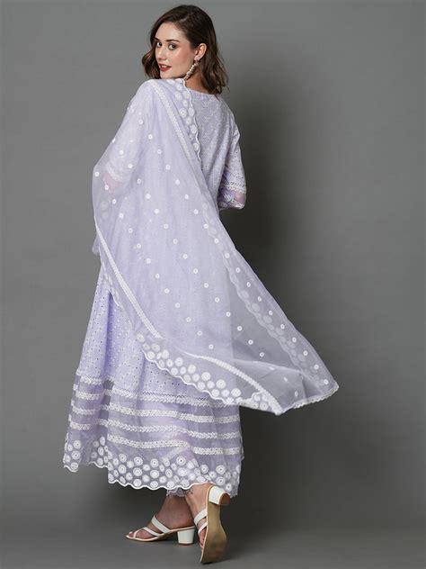 Lilac Empire Chikankari Pure Cotton Kurta Set With Dupatta Heeposh