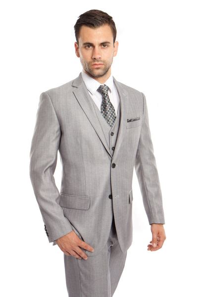 Mens Light Grey Sharkskin Modern Fit 3 Piece Suit Flex Suits