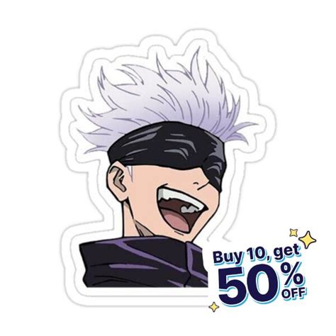 the sticker has an image of a male character with white hair and purple ...