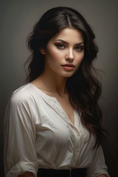 A Painting Of A Woman With Long Dark Hair And Wearing A White Shirt