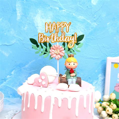 4pcs Happy Birthday Letters Flower Leaves Insert With Stick Cake Topper