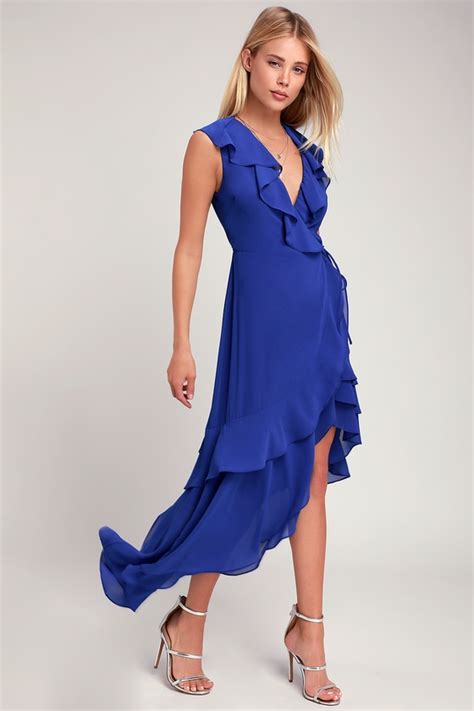 Cute Cobalt Blue Dress Wrap Dress Ruffled Wrap Dress Lulus