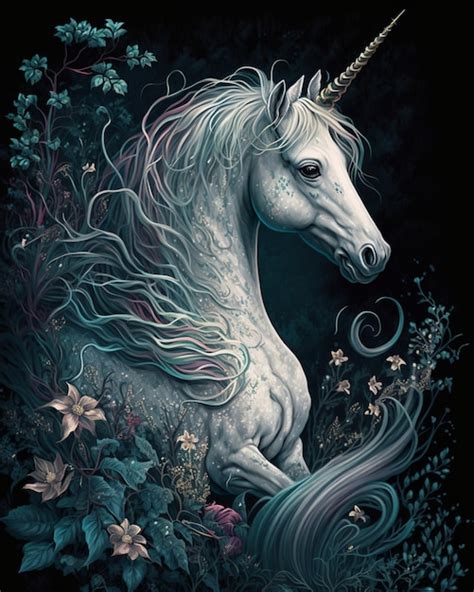 Una Pintura De Un Unicornio Con Una Larga Melena Y Cola Foto Premium