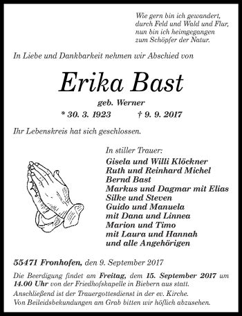 Traueranzeigen Von Erika Bast Rz Trauer De