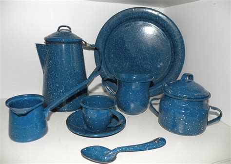 Vintage Camping Cookware Set Blue Enamel Etsy Vintage Cookware