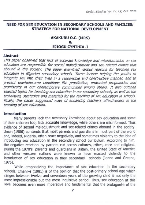 Pdf Need For Sex Education In Secondary Schools And Familiesstrategy For National Development