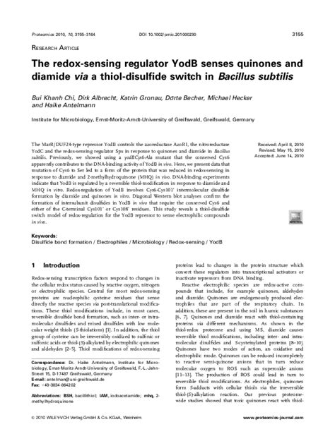 Pdf The Redox Sensing Regulator Yodb Senses Quinones And Diamide Via