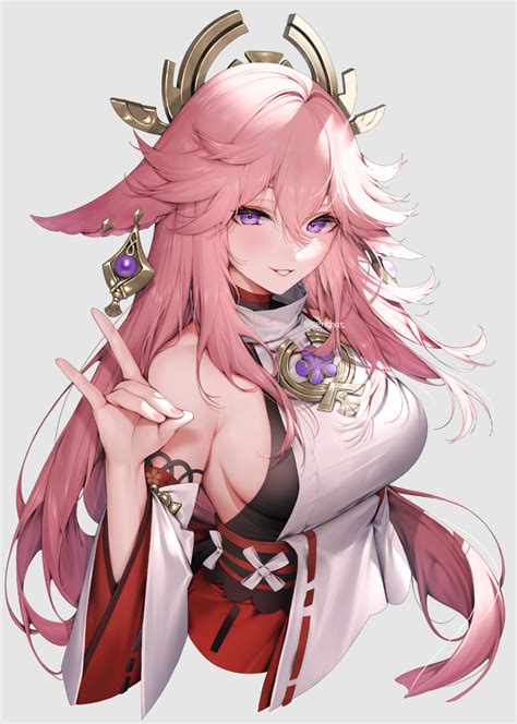 Pink Hair Yae Miko Genshin Impact Sideboob Smiling Long Hair