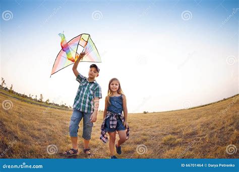 Les Enfants Heureux Jouant Avec Le Cerf Volant De Vol L T Mettent En