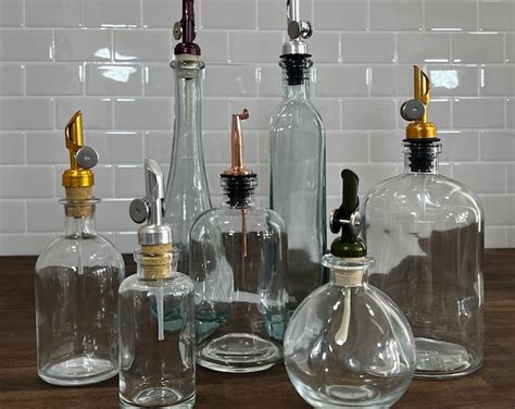 Oil And Vinegar Glass Bottles With Metal Pour Spouts Etsy