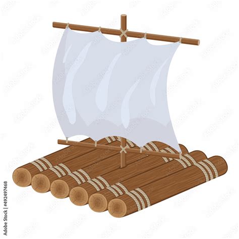 Wooden Raft With Sail Color Isolated Vector Illustration In Cartoon