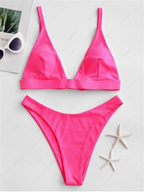 30 OFF 2022 ZAFUL Ribbed Plunge High Leg Bikini Swimsuit In HOT PINK