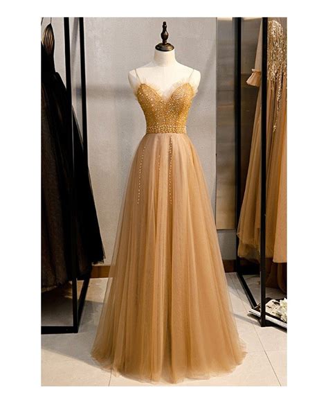 Flowy Champagne Long Tulle Prom Dress Sequined With Straps Myx78048