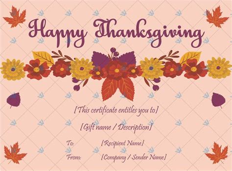 Thanksgiving T Certificate Template Floral 5618 Word Layouts