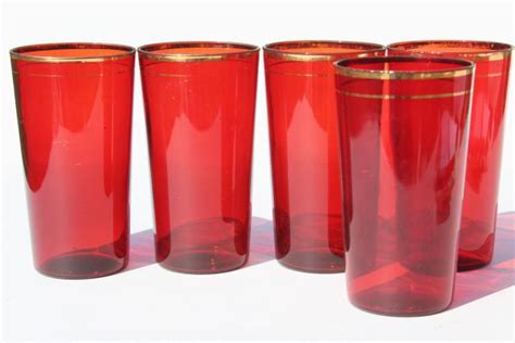 1930s Vintage Ruby Red Glass Tumblers Drinking Glasses W Gold Band Trim