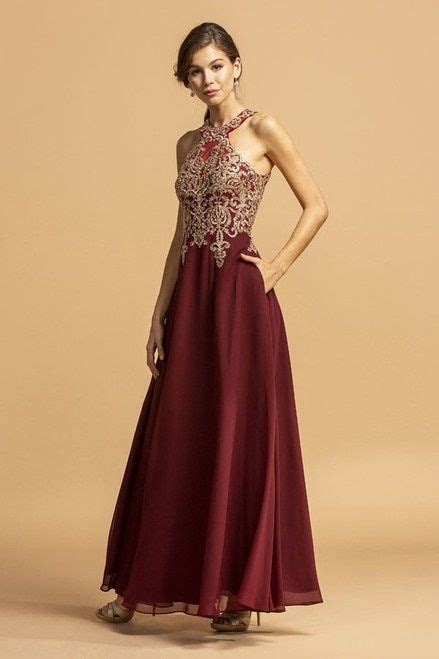 Prom 225 Burgundy And Gold Embellished Halter Neck Chiffon Gown With