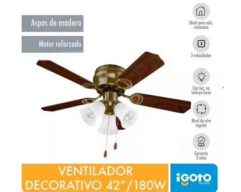 Ventilador De Techo Igoto V4202 Madera Con 3 Velocidades Coppel