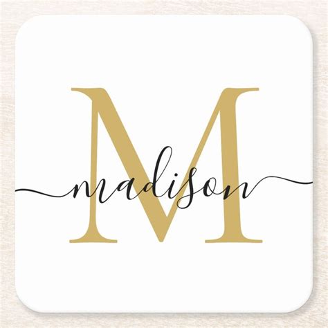 Modern Elegant Black Gold Monogram Script Name Square Paper Coaster