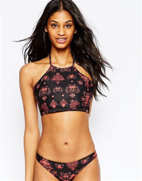 Asos Fuller Bust Exclusive Flame Baroque Print Halter Crop Bikini Top