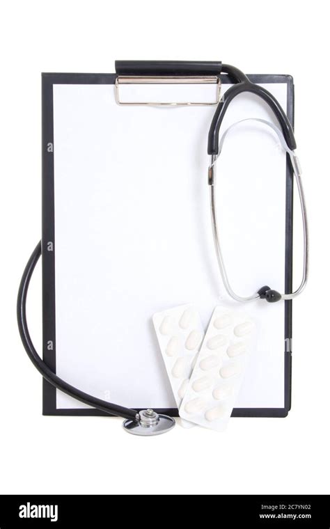 Plastic Clipboard With Blank Paper Sheet Tablets And Stethoscope