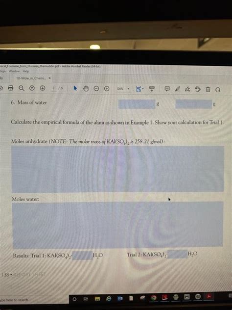 Solved Calculate The Empirical Formula Of The Alum As Shown Chegg