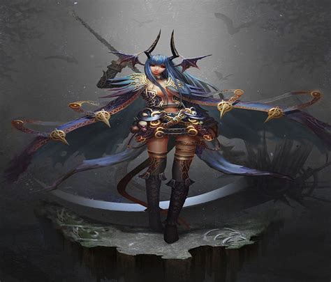 Demon Warrior Evil Girl Breasts Wings Horns Boob Underboob Blue Hair Long Hair Dark