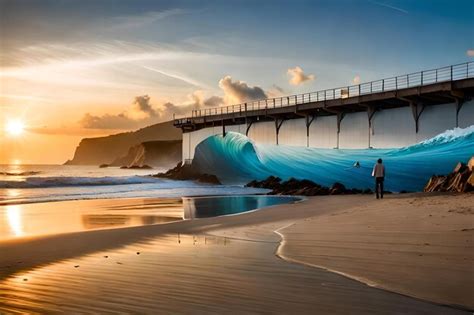 Premium AI Image A Man Walks Along A Beach With A Wave Crashing Into