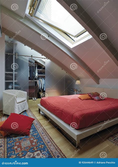 Interior View Of A Modern Bedroom In The Mansard Stock Image Image Of