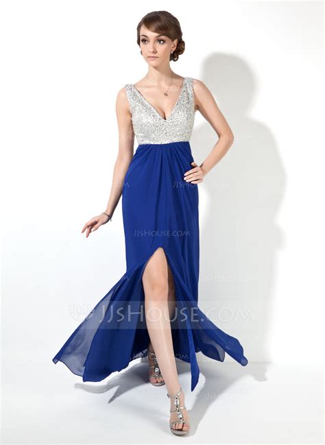 A Line Princess V Neck Floor Length Chiffon Prom Dress With Beading