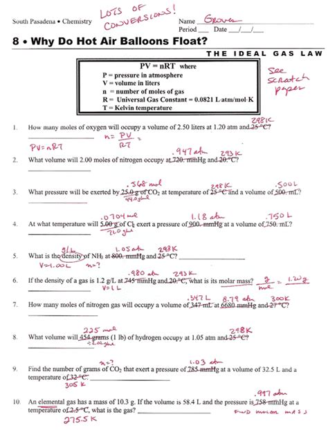 Gas Laws Worksheet With Solutions Answer Key