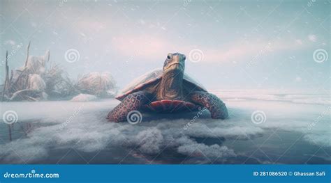 A Turtle In A Freezing Cold Lake Stock Illustration Illustration Of