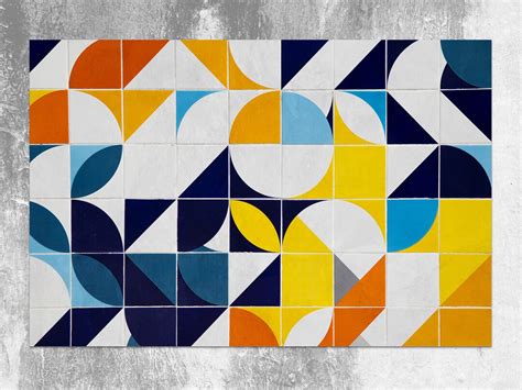 Bauhaus Tiles Vinyl Mat Yellow Vinyl Rug Blue Linoleum Rug Geometric