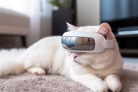 White Cat Wearing Vr Headset Ai Generated Portrait Of Cat In Virtual