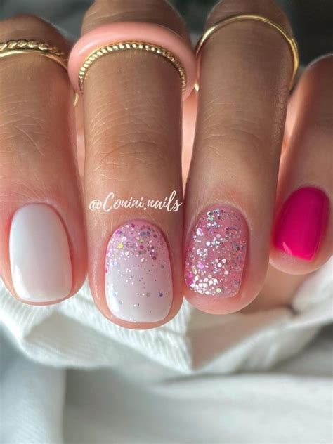 Short Hot Pink And White Nails With Pink Glitter Pink Sparkly Nails Pink Tip Nails Hot Pink