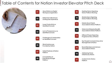 Table Of Contents For Notion Investor Elevator Pitch Deck Slides Pdf