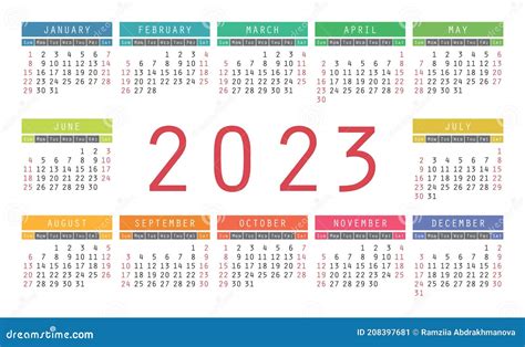 Calendar 2023 Year English Colorful Vector Horizontal Wall Or Pocket