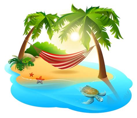 Premium Vector Tropical Island And Hammock Among Palm Trees