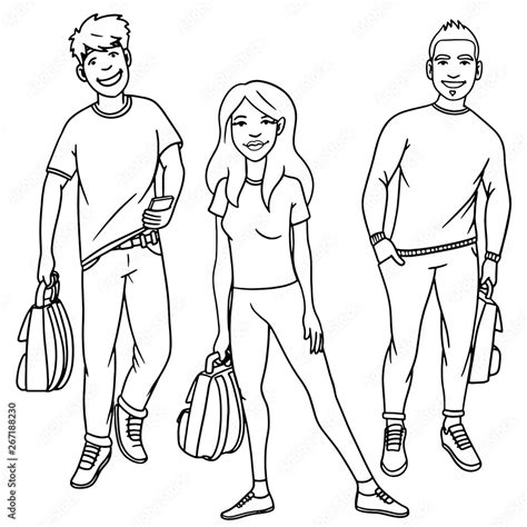 Vector Drawing Of Two Boys And A Girl With Satchels In Hand Standing Casually Black White