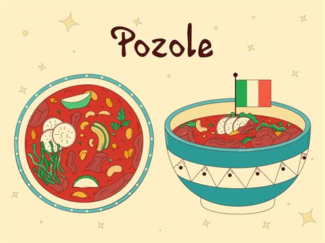 Mexican Traditional Food Pozole Vector Illustration In Hand Drawn