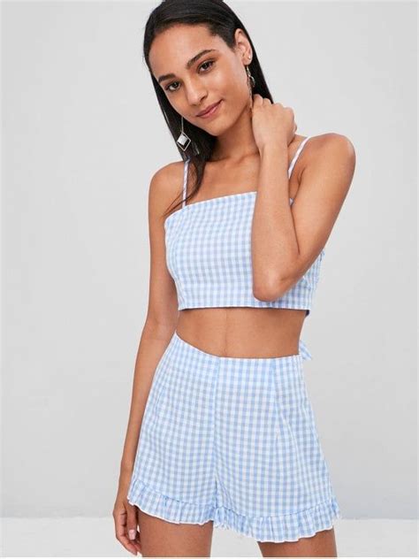 Smocked Back Gingham Shorts Set Sea Blue Xl Two Piece Outfit