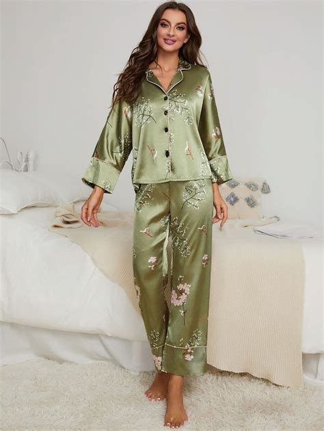 Floral Print Contrast Piping Satin Blouse Pants PJ Set SHEIN